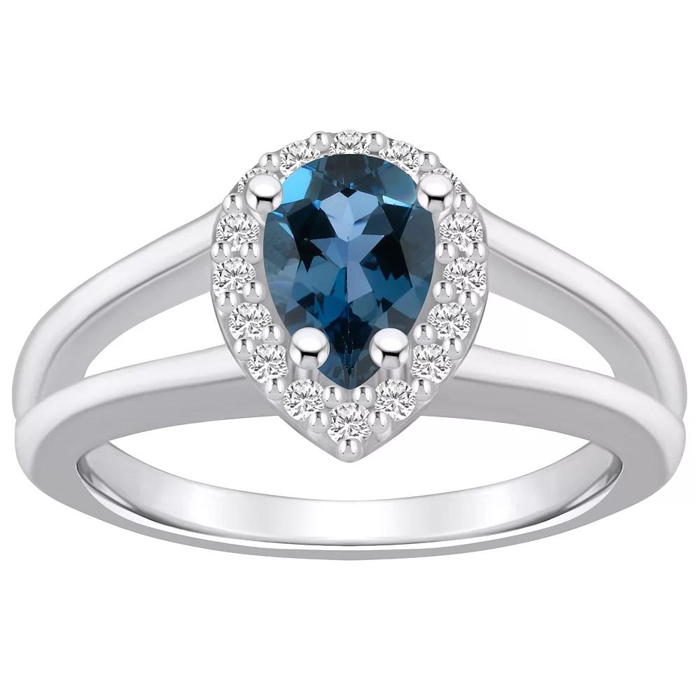 Alyson Layne 10k White Gold Pear Shape Gemstone 1/6 Carat T.W. Diamond Halo Ring, Women's, Size: 5, London Blue Topaz Product Image
