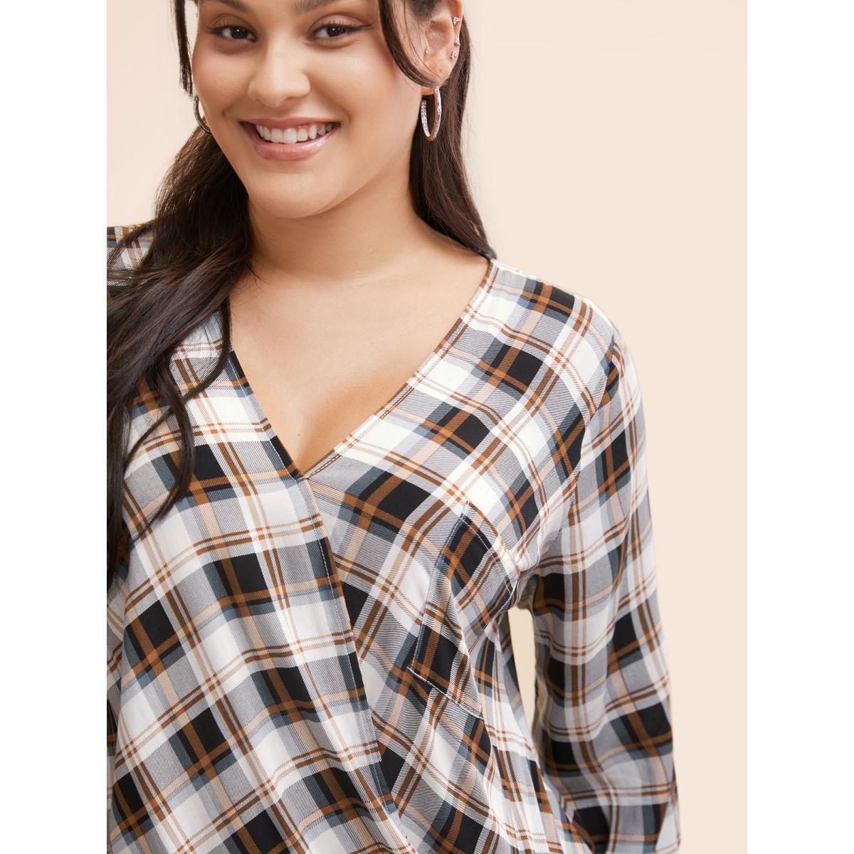 Plus Size Browncoffeecolor Plaid Overlap Collar Patch Pocket Blouse Women Casual Three Quarter Length Sleeve Overlap Collar Everyday Blouses BloomChic 28/5X Product Image