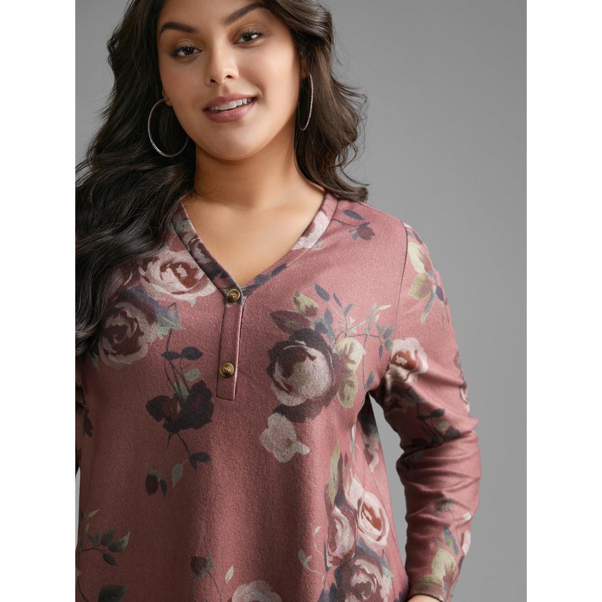 Plus Size V Neck Floral Print Button Up T-shirt DustyPink Women Casual Button Natural Flowers V-neck Everyday T-shirts BloomChic 14-16/1X Product Image