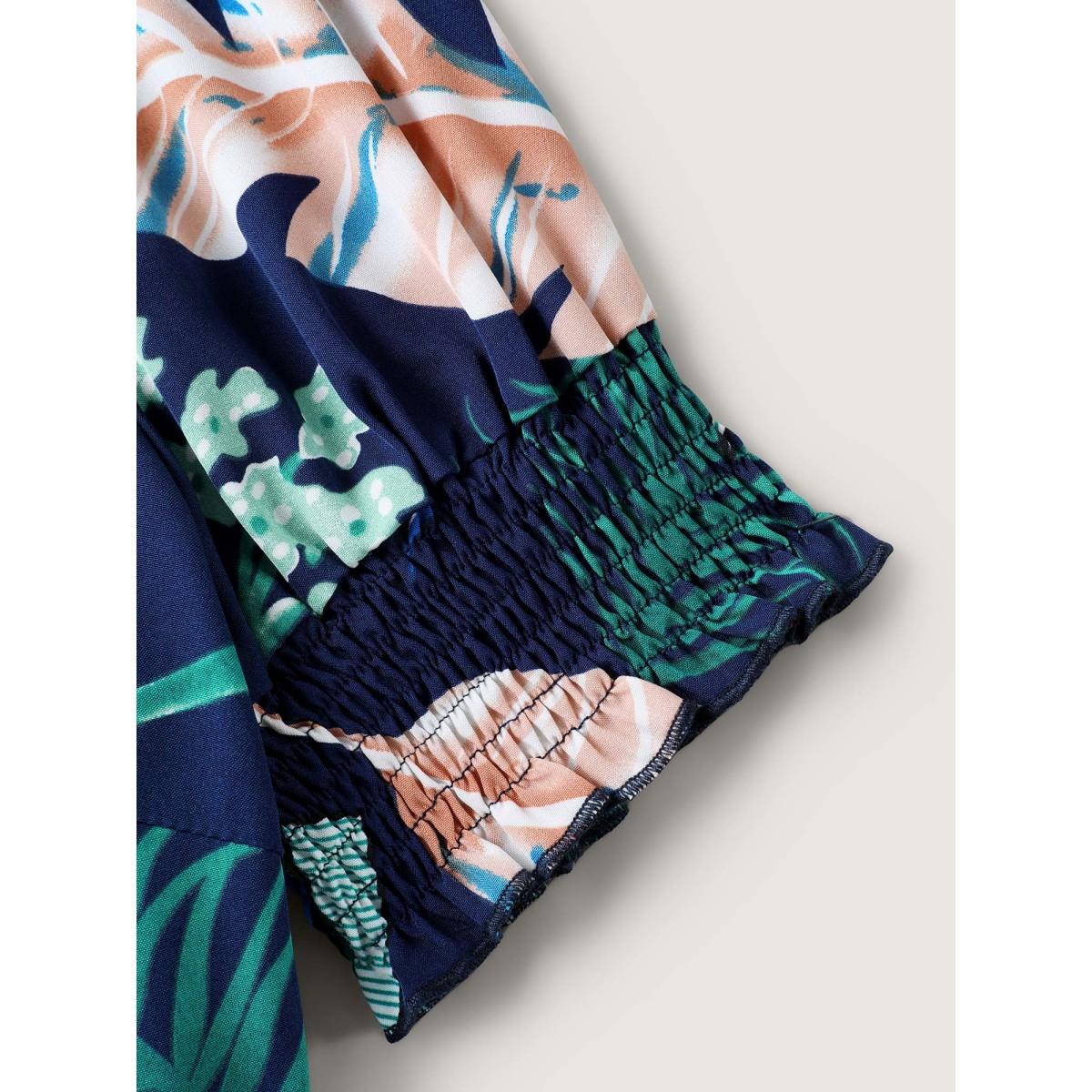 Plus Size Tropical Print Stretchy Waist Pockets Midi Dress Indigo Women Shirt collar Short sleeve Curvy BloomChic 22-24/3X Product Image