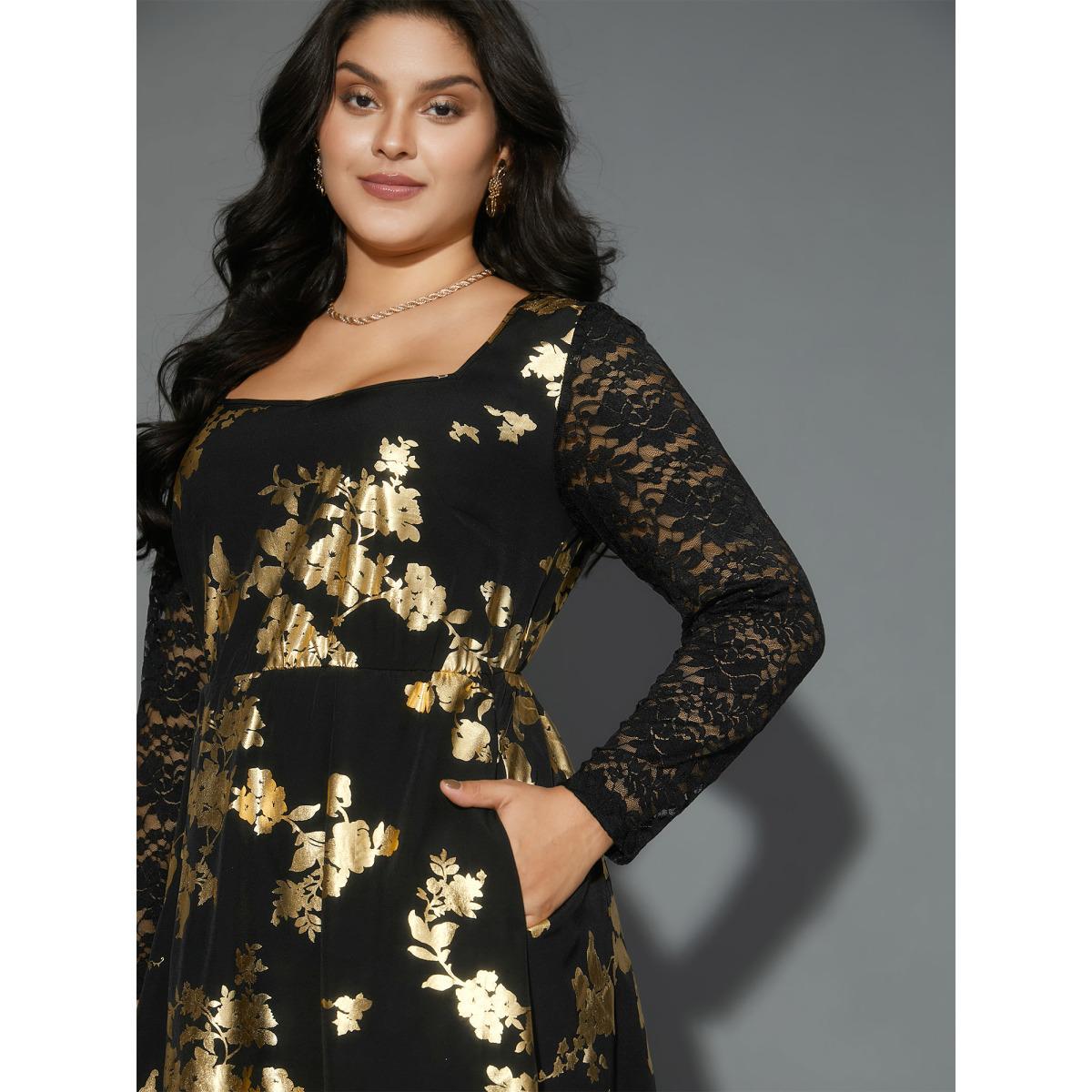 Plus Size Glitter Floral Crochet Lace Mesh Dress Black Women Cocktail Woven ribbon&lace trim Party Curvy Bloomchic 26/4X Product Image