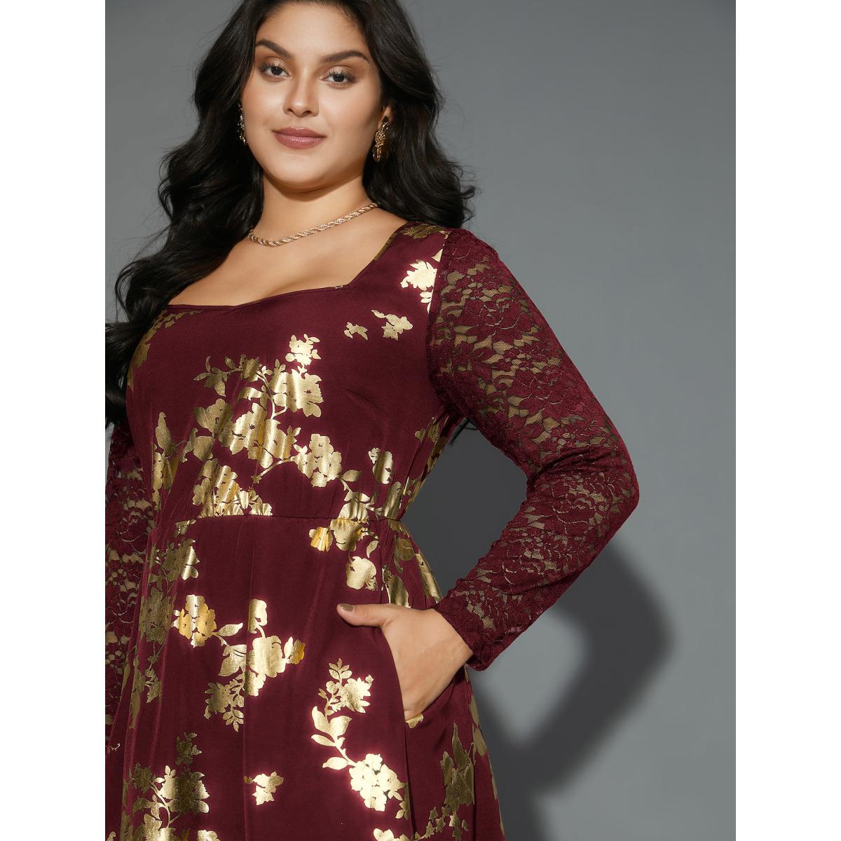 Plus Size Glitter Floral Crochet Lace Mesh Dress Burgundy Women Cocktail Woven ribbon&lace trim Party Curvy Bloomchic 10/M Product Image