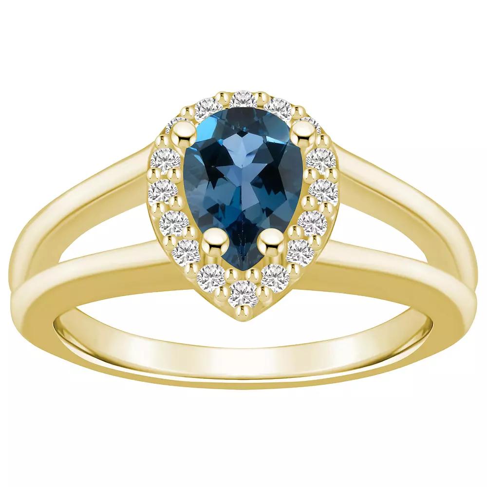 Alyson Layne 10k Gold Pear Shape Gemstone 1/6 Carat T.W. Diamond Halo Ring, Women's, Size: 8, London Blue Topaz Product Image