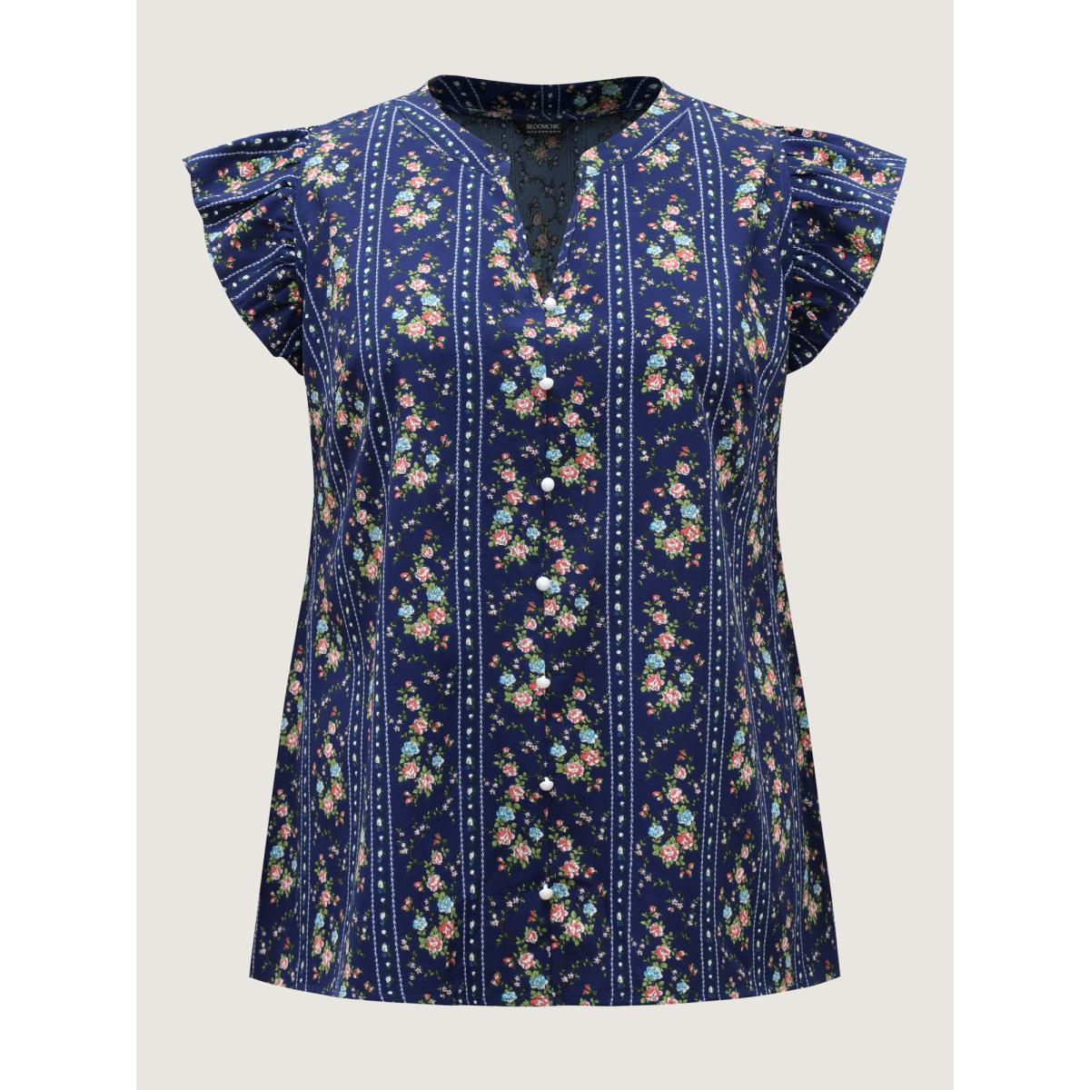 Plus Size DarkBlue Floral Stripes Flutter Sleeve Blouse Women Timeless Cap Sleeve Flat collar with V-notch Elegant Blouses BloomChic 18-20/2X Product Image