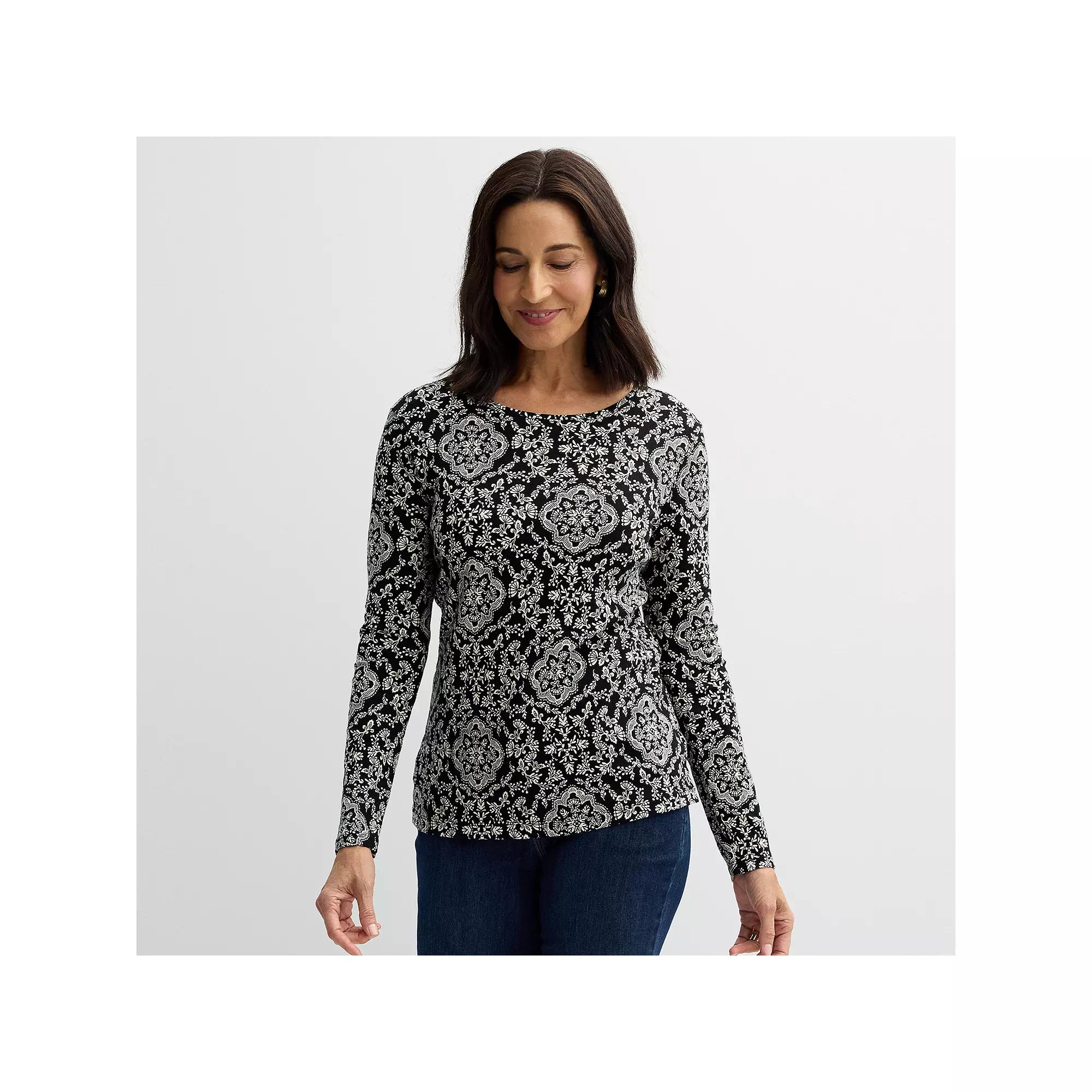 Women's Croft & Barrow® Essential Long-Sleeve Crewneck Tee, Size: Large, Black Medallion Product Image