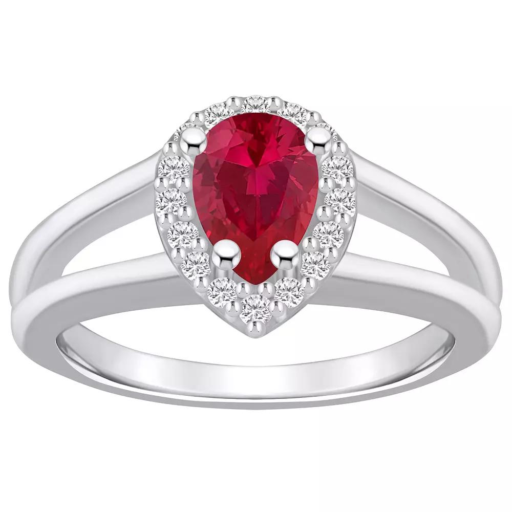 Alyson Layne 10k White Gold Pear Shape Gemstone 1/6 Carat T.W. Diamond Halo Ring, Women's, Size: 7, Created Red Product Image