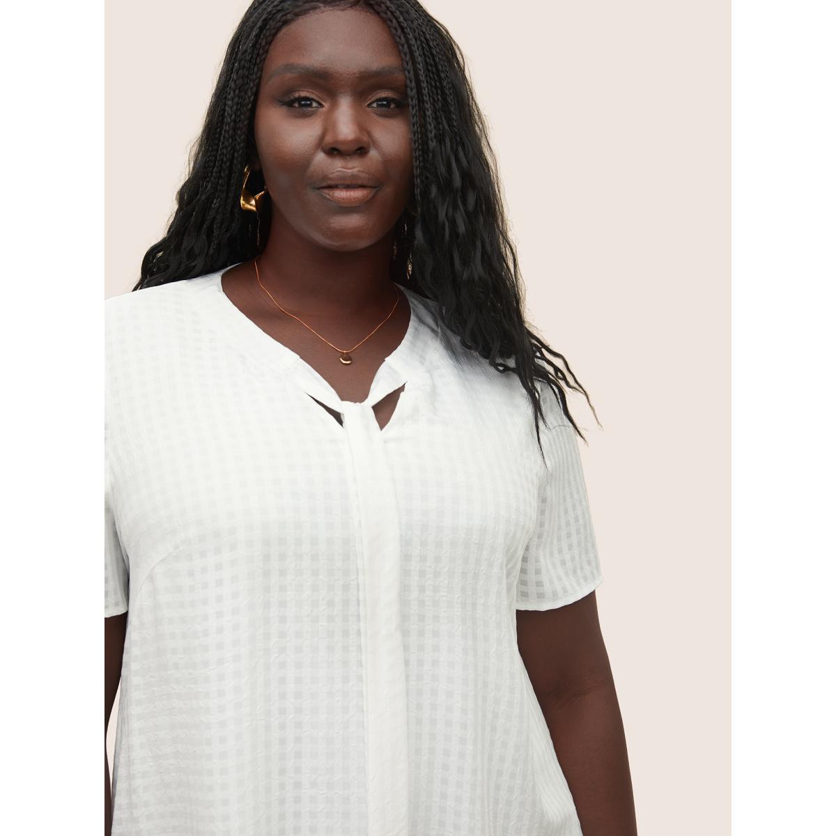 Plus Size Ivory Solid Textured Chiffon Mesh Tie Neck Blouse Women At the Office Short sleeve Ribbon-tied collar Office Blouses BloomChic 22-24/3X Product Image