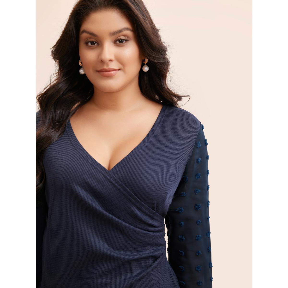 Plus Size Waffle Knit Patchwork Mesh Overlapping T-shirt Indigo Women Elegant Overlapping V-neck Bodycon Everyday T-shirts BloomChic 18-20/2X Product Image