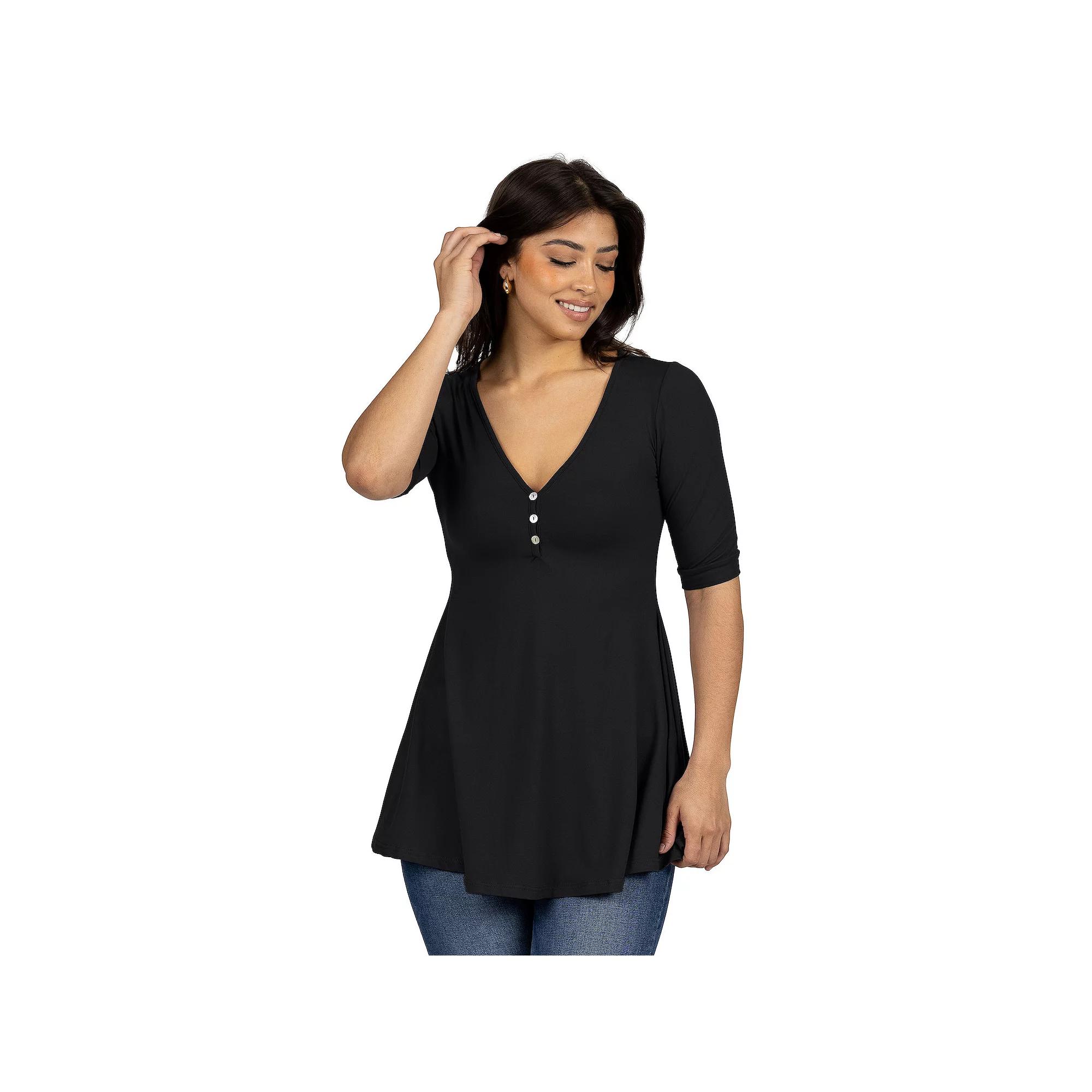Women's 24seven Comfort Apparel Short Sleeve Tunic Top with Button Detail,  Product Image