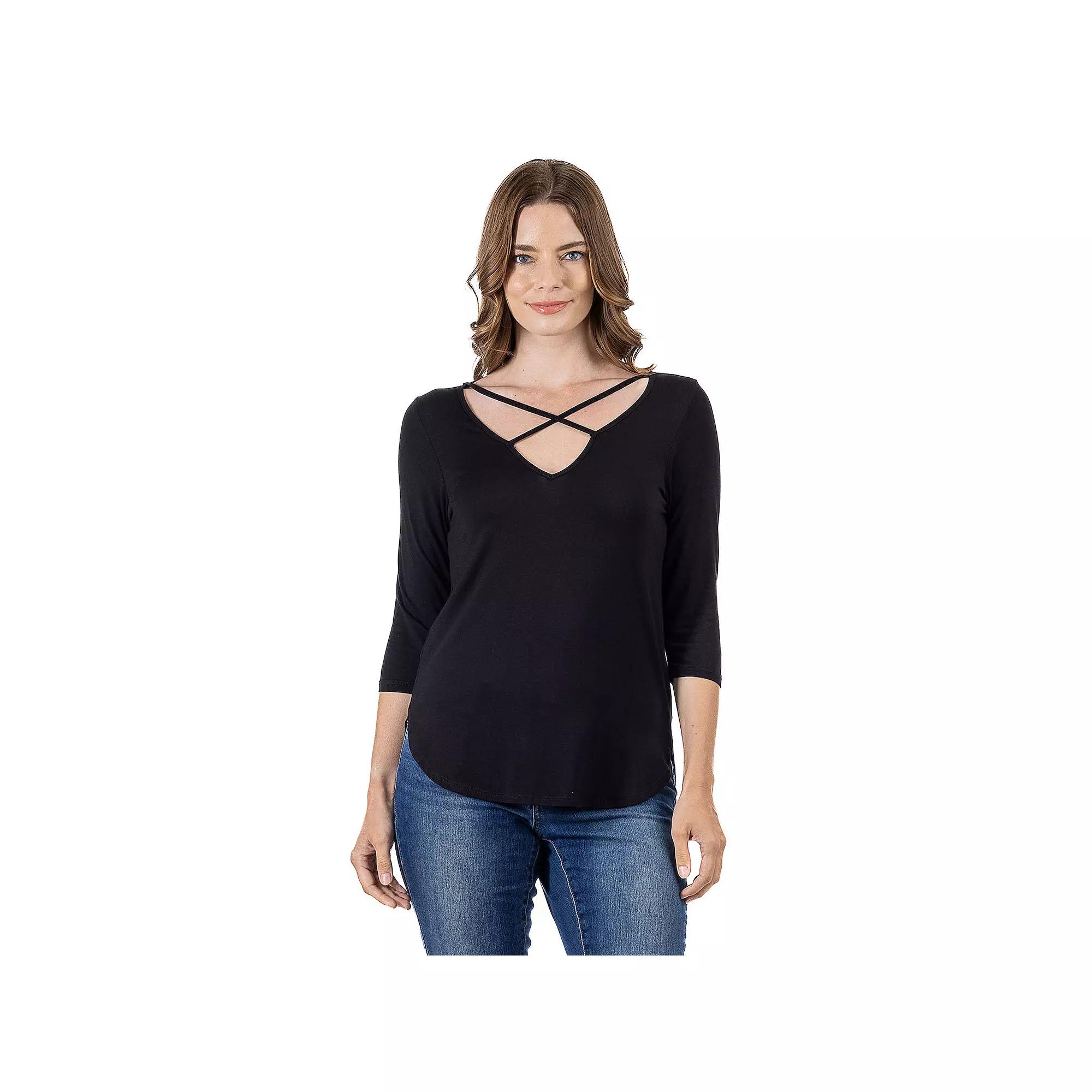 Women's 24Seven Comfort Apparel Criss Cross Round Hemline Tunic Top,  Product Image