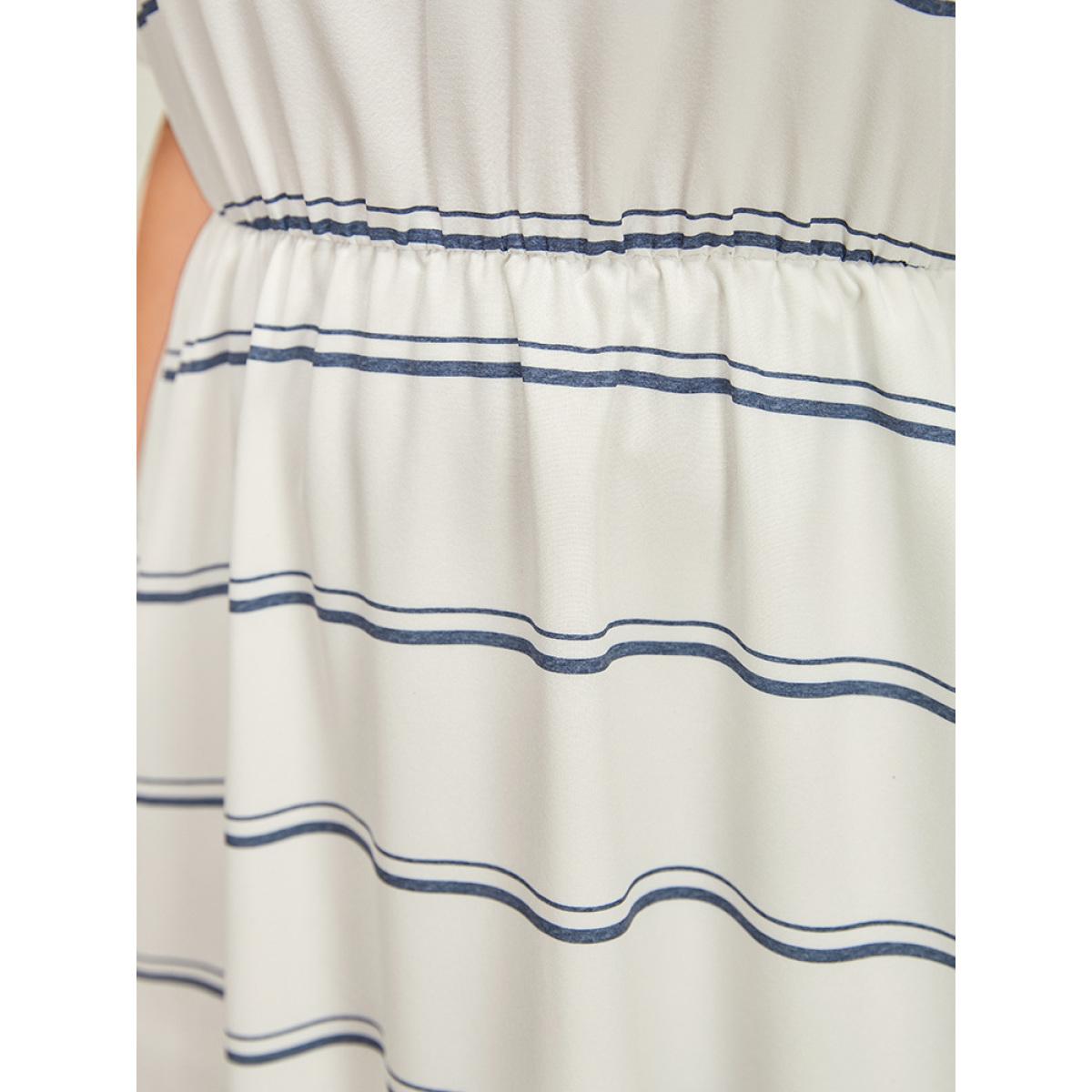 Plus Size Striped Notched Neck Pocket Roll Batwing Sleeve Dress White Women Office Lined Notched collar Short sleeve Curvy Midi Dress BloomChic 10/M Product Image