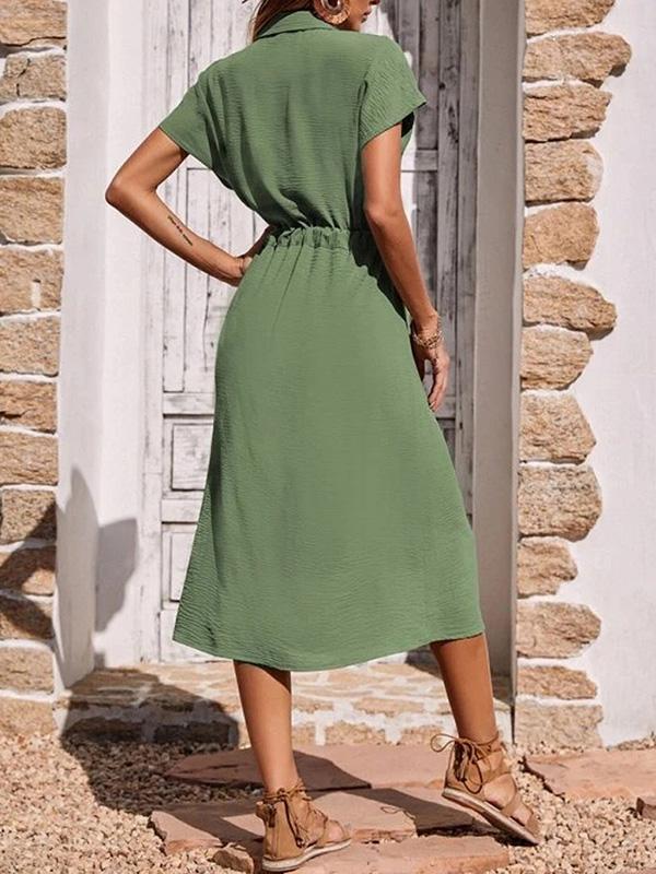 Raglan Sleeve Drawstring Pleated Split-Joint Lapel Midi Dresses Shirt Dress Product Image