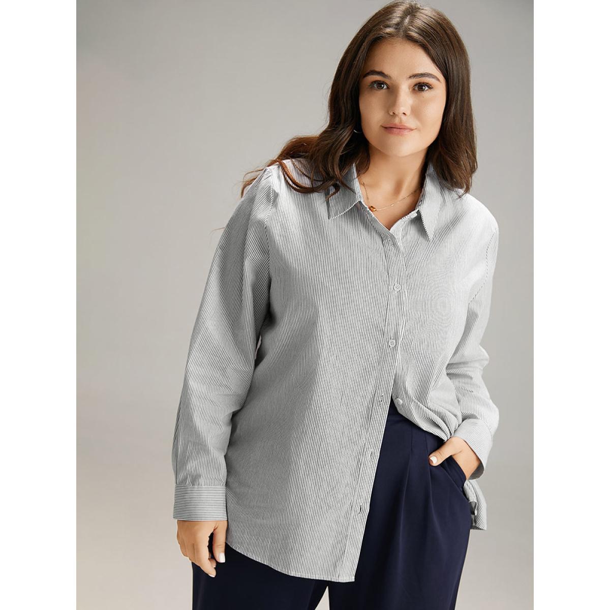 Plus Size White Cotton Striped Shirt Collar Blouse Women Workwear Essentials Long Sleeve Shirt collar Work Blouses BloomChic 18-20/2X Product Image