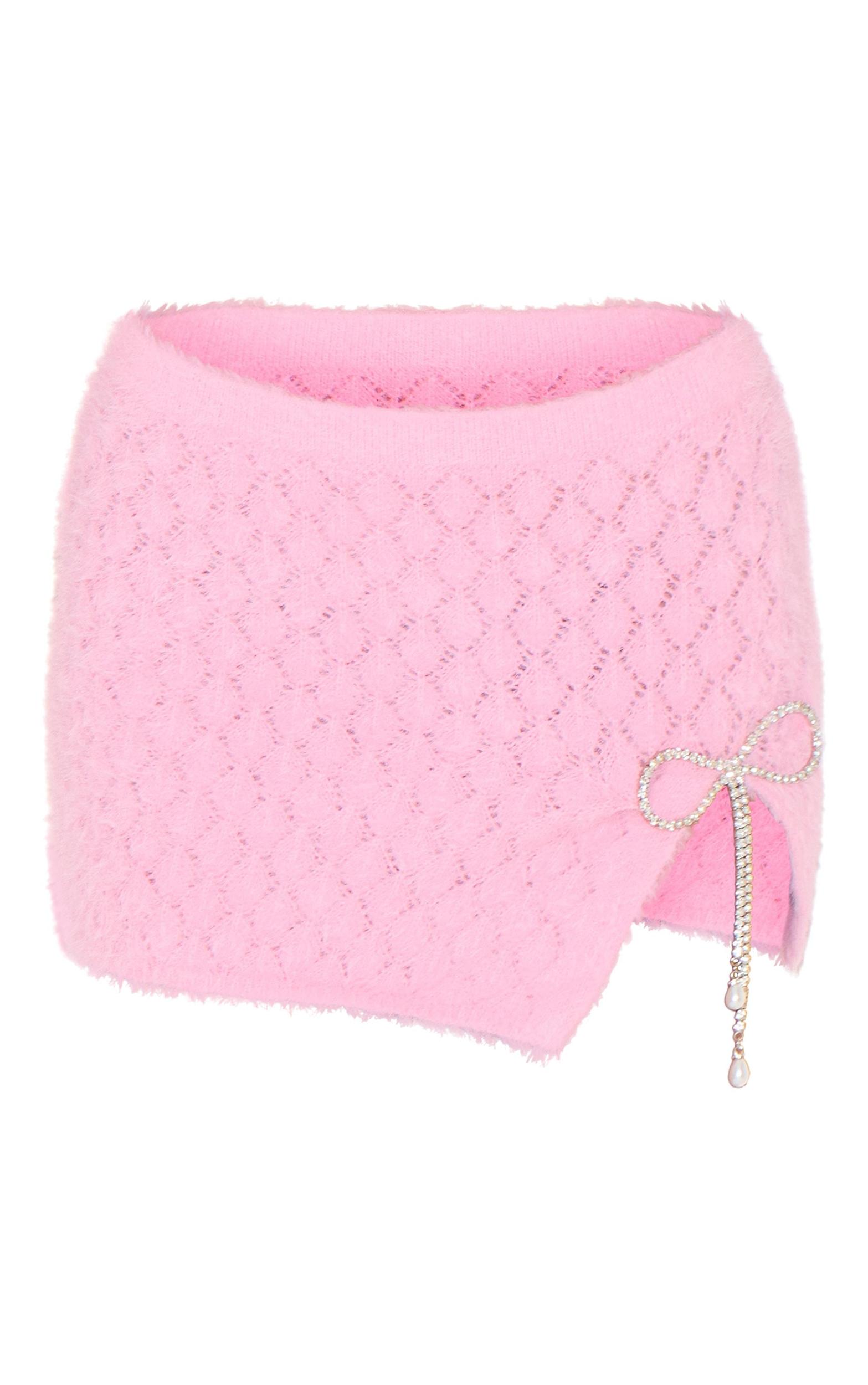 Pink Textured Eyelash Knit Bow Trim Mini Skirt Product Image