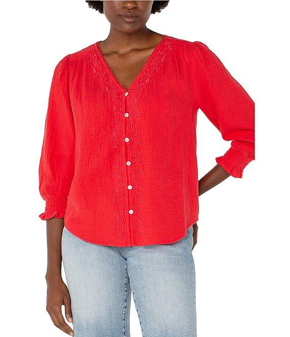 Liverpool Los Angeles Woven V-Neck 3/4 Sleeves Embroidered Blouse Product Image