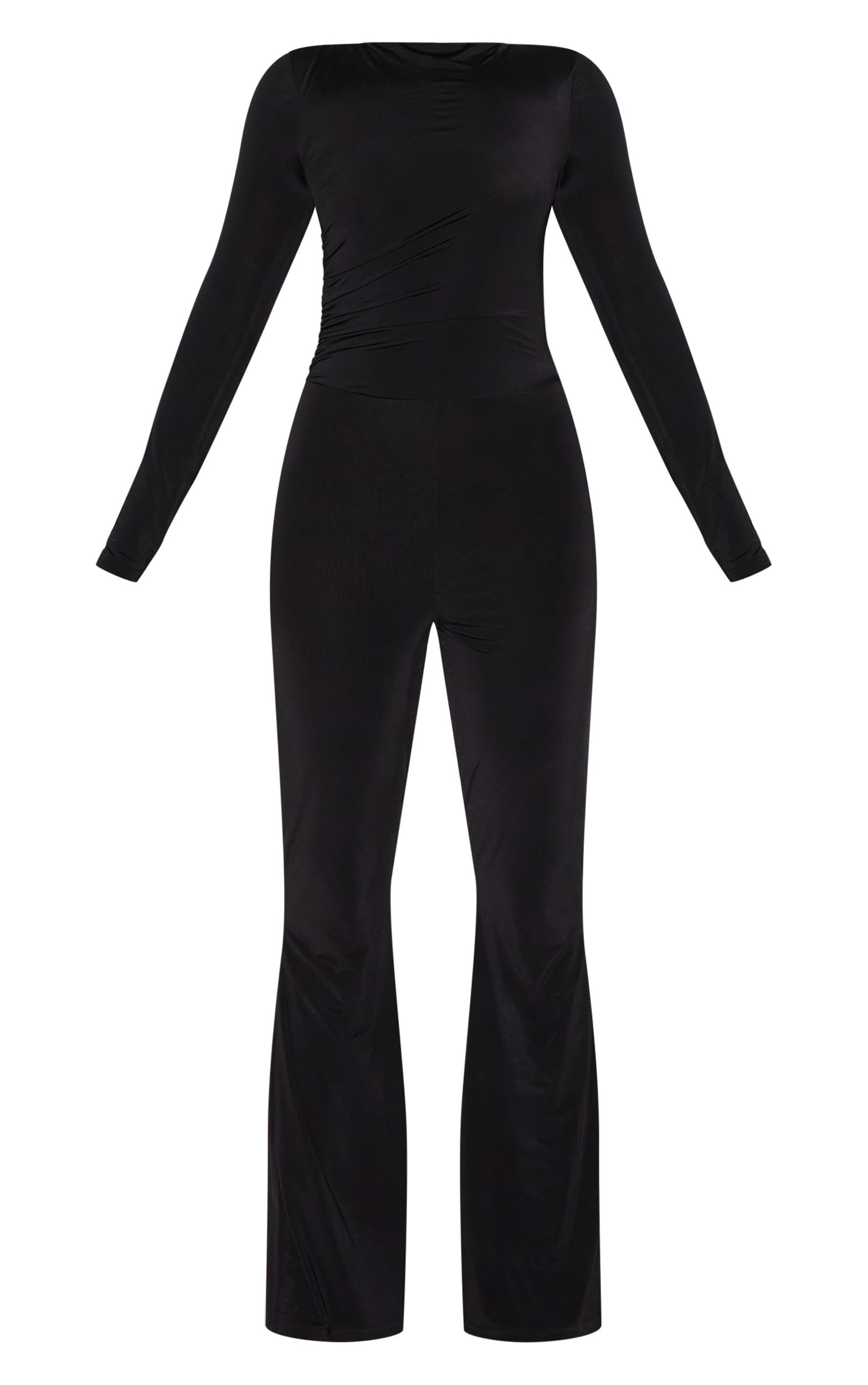 Black Double Layer Slinky Gathered Long Sleeve Wide Leg Jumpsuit Product Image