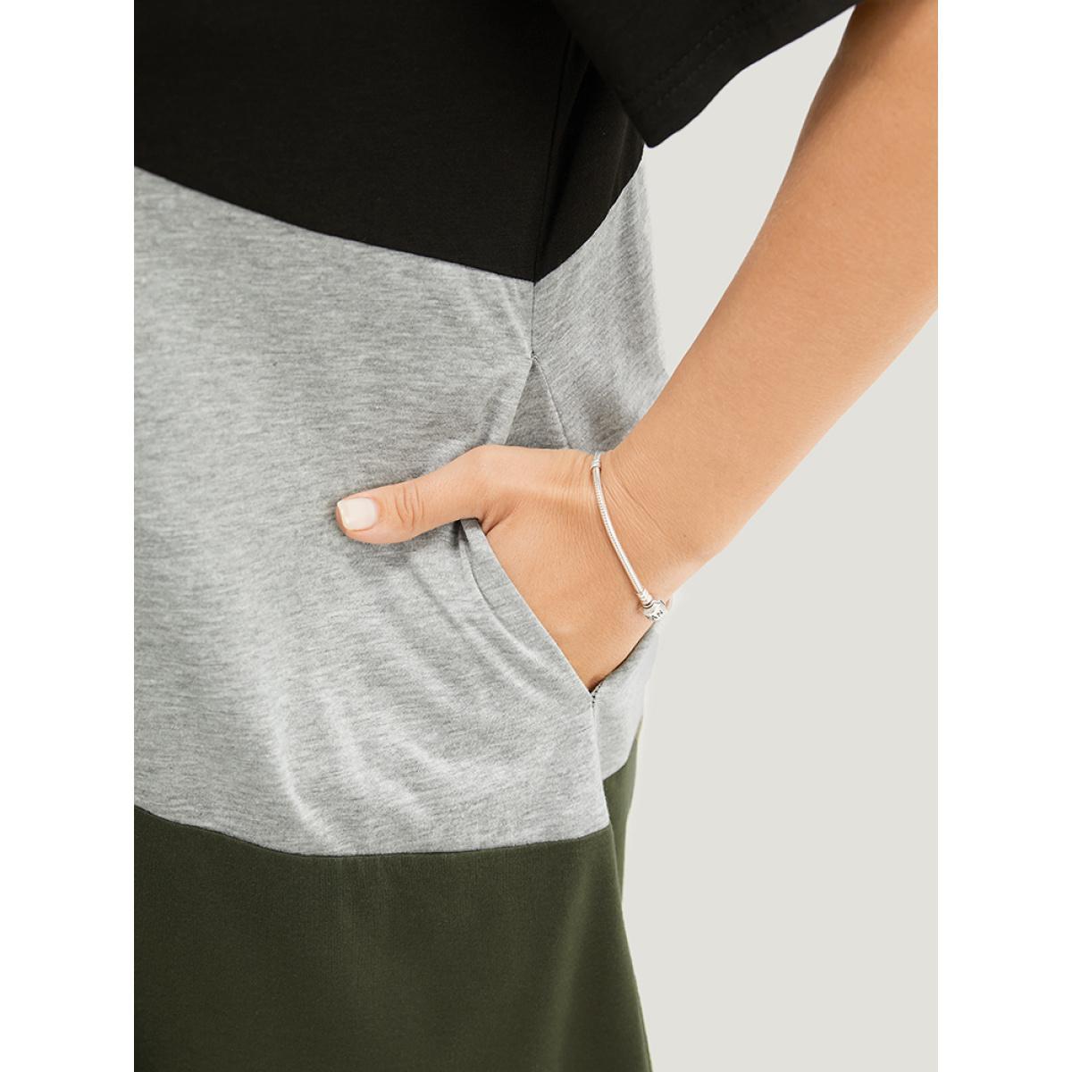 Plus Size Colorblock Contrast Pocket Round Neck Knee Dress ArmyGreen Women Casual Contrast Round Neck Short sleeve Curvy Knee Dress BloomChic 22-24/3X Product Image