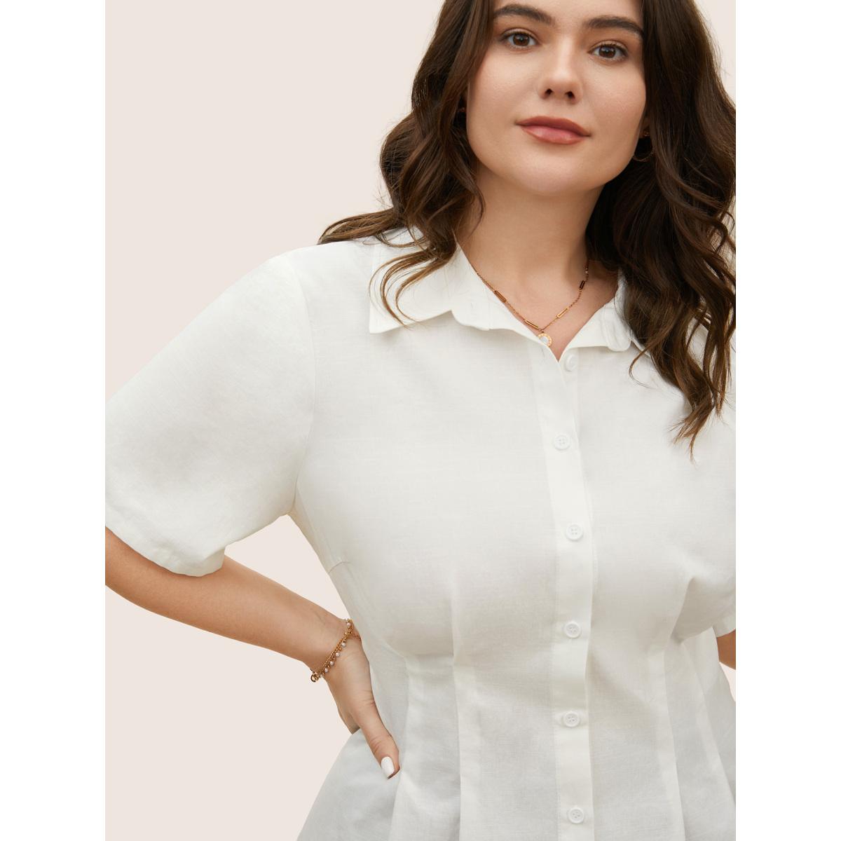 Plus Size Ivory Plain Shirt Collar Waist Design Blouse Women At the Office Short sleeve Shirt collar Work Blouses BloomChic 22-24/3X Product Image