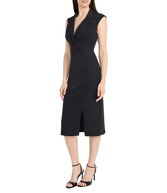 Maggy London V-Neck Notch Collar Sleeveless Stretch Crepe Sheath Midi Dress Product Image