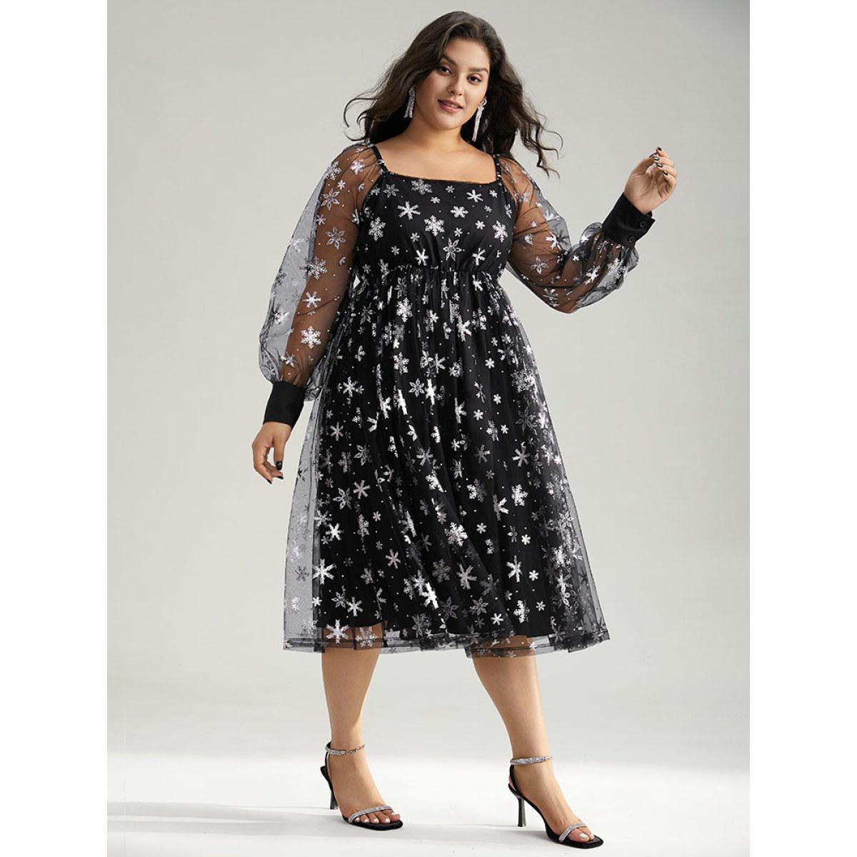 Plus Size Christmas Snowflake Glitter Mesh Square Neck Dress Black Women Party Gathered Square Neck Long Sleeve Curvy Midi Dress BloomChic 12/L Product Image