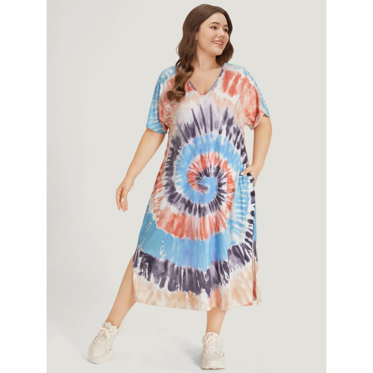 Plus Size Tie Dye Pocket Split Side Dolman Sleeve Dress Multicolor Women Casual Tie Dye V-neck Short sleeve Curvy Midi Dress BloomChic 28/5X Product Image