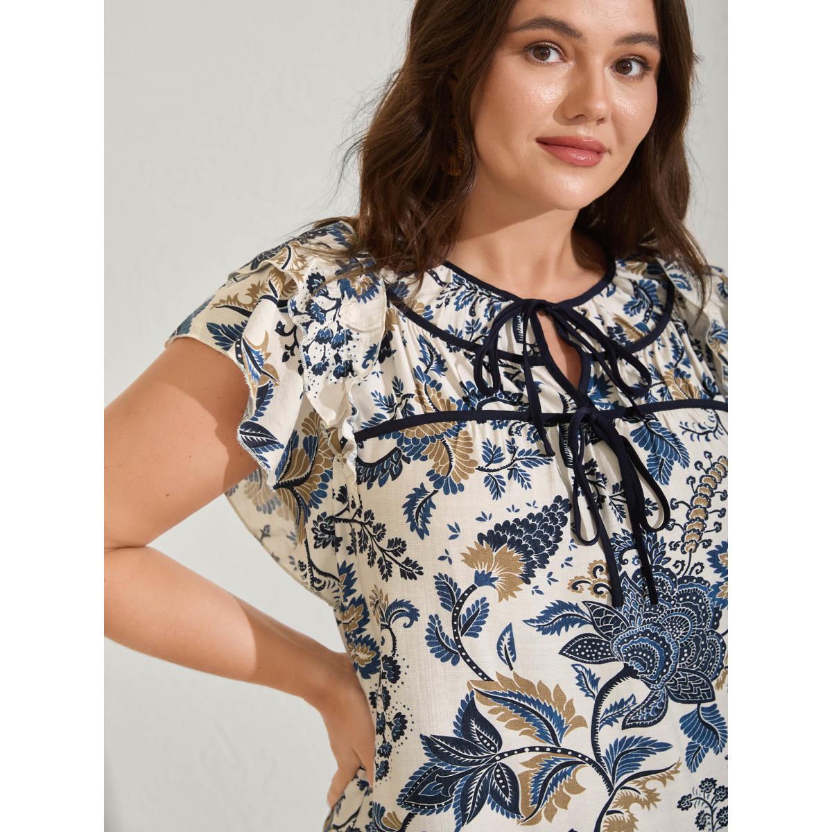 Plus Size Indigo Floral Print Contrast Neck Tie Blouse Women Cap Sleeve Round Neck Vacation Blouses BloomChic 18-20/2X Product Image