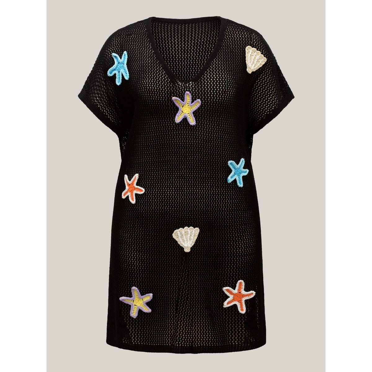 Plus Size Starfish Shell Crochet Slit Swim Cover-Up Women's Swimwear Black Beach Loose Texture Curve Swim Cover Ups BloomChic 18-20/2X Product Image