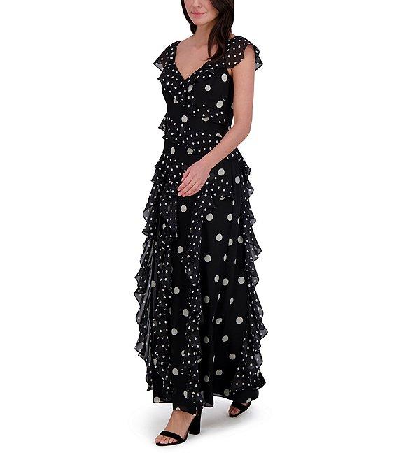Eliza J Chiffon Polka Dot V Neck Short Sleeve Ruffle Sheath Maxi Dress Product Image