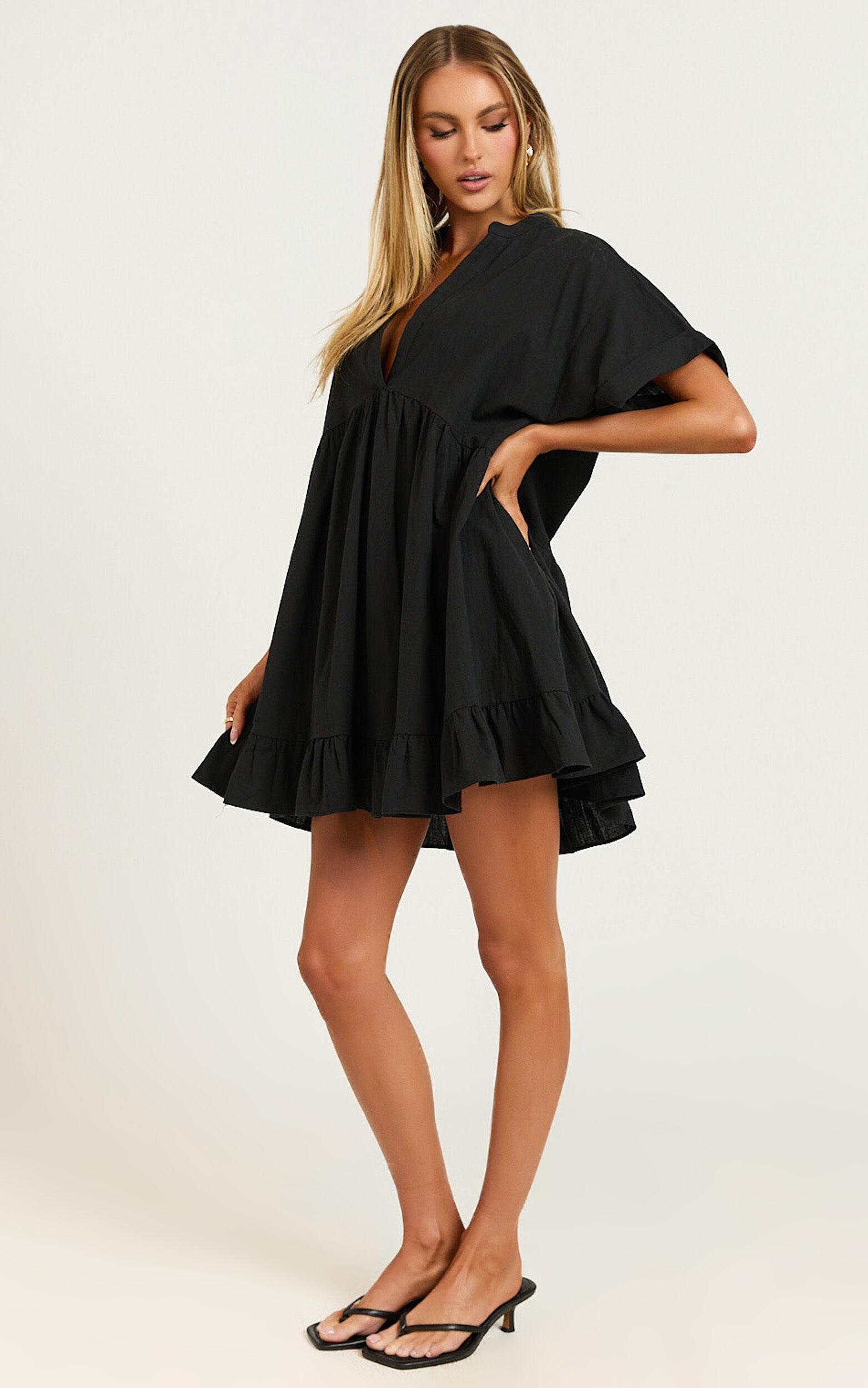 Calissa Mini Dress - Frill Hem Smock Dress in Black Product Image