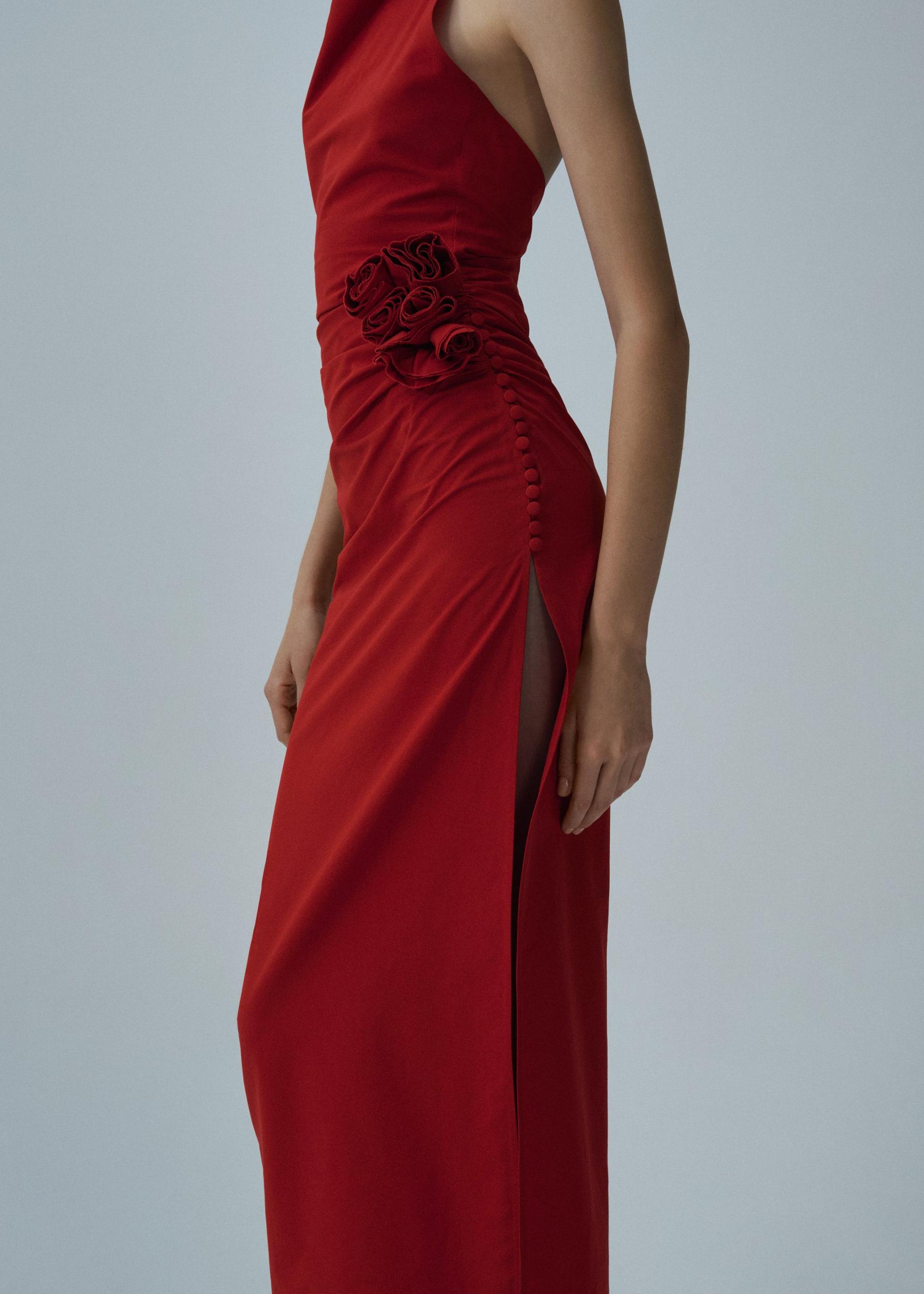 High neck floral applique midi dress in red Product Image