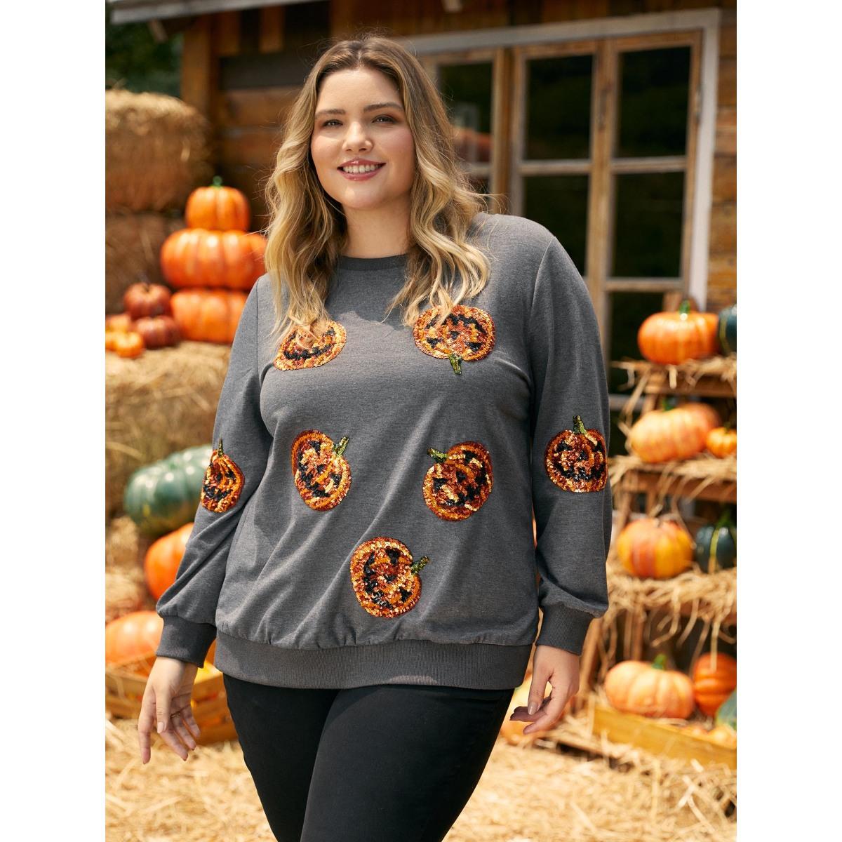 Plus Size Jack-O-Lantern Sequin Sweatshirt Women DimGray Casual Contrast Loose Round Neck Everyday Sweatshirts BloomChic 14-16/1X Product Image