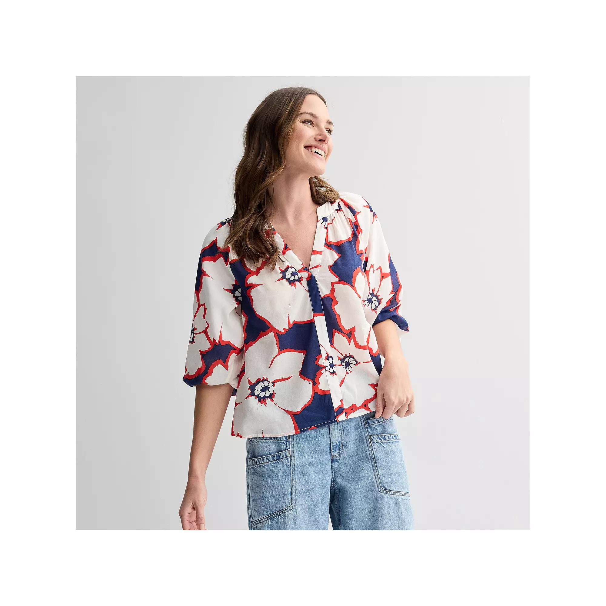 Women's Sonoma Goods For Life® Shirred Balloon Sleeve Y-Neck Top,  Product Image