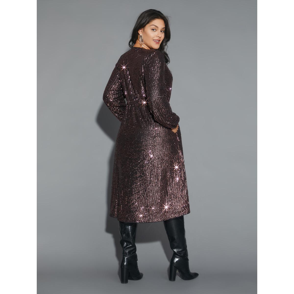 Plus Size Solid Pocket Lantern Sleeve Wrap Sequin Dress Beanpastepowder Women Party Pocket Overlap Collar Long Sleeve Curvy Midi Dress BloomChic 10/M Product Image