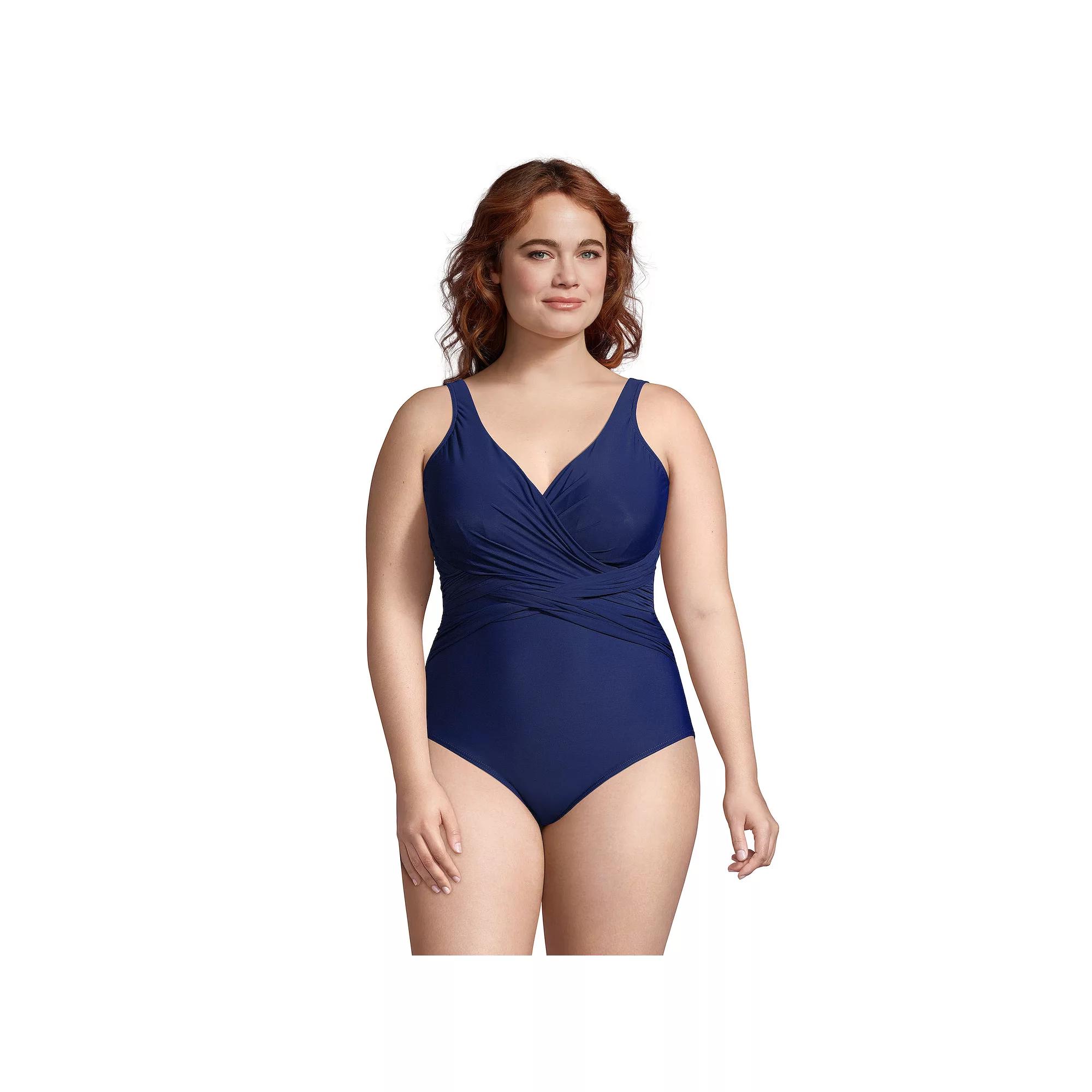 Plus Size Lands' End SlenderSuit Tummy Control Surplice One-Piece Swimsuit, Women's, Size: 16 W, Deep  Blue Product Image