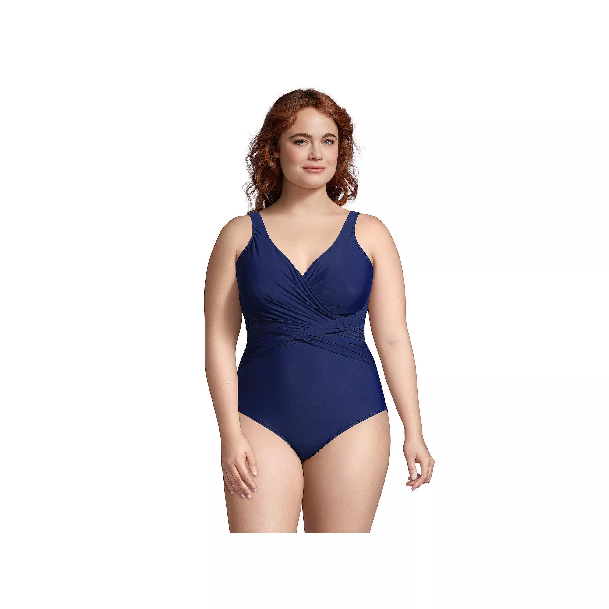 Plus Size Lands' End SlenderSuit Tummy Control Surplice One-Piece Swimsuit, Women's, Size: 16 W, Deep  Blue Product Image