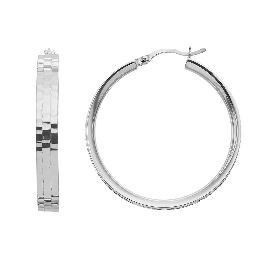Sterling Silver Hammered Hoop Earrings, Women's, White Over Silver Product Image