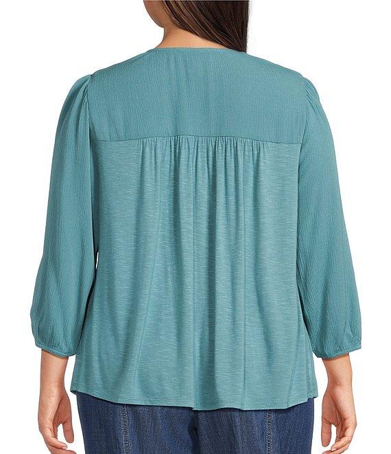 Nurture Plus Size 3/4 Sleeve Keyhole Neck Embroidered Square Yoke Top Product Image