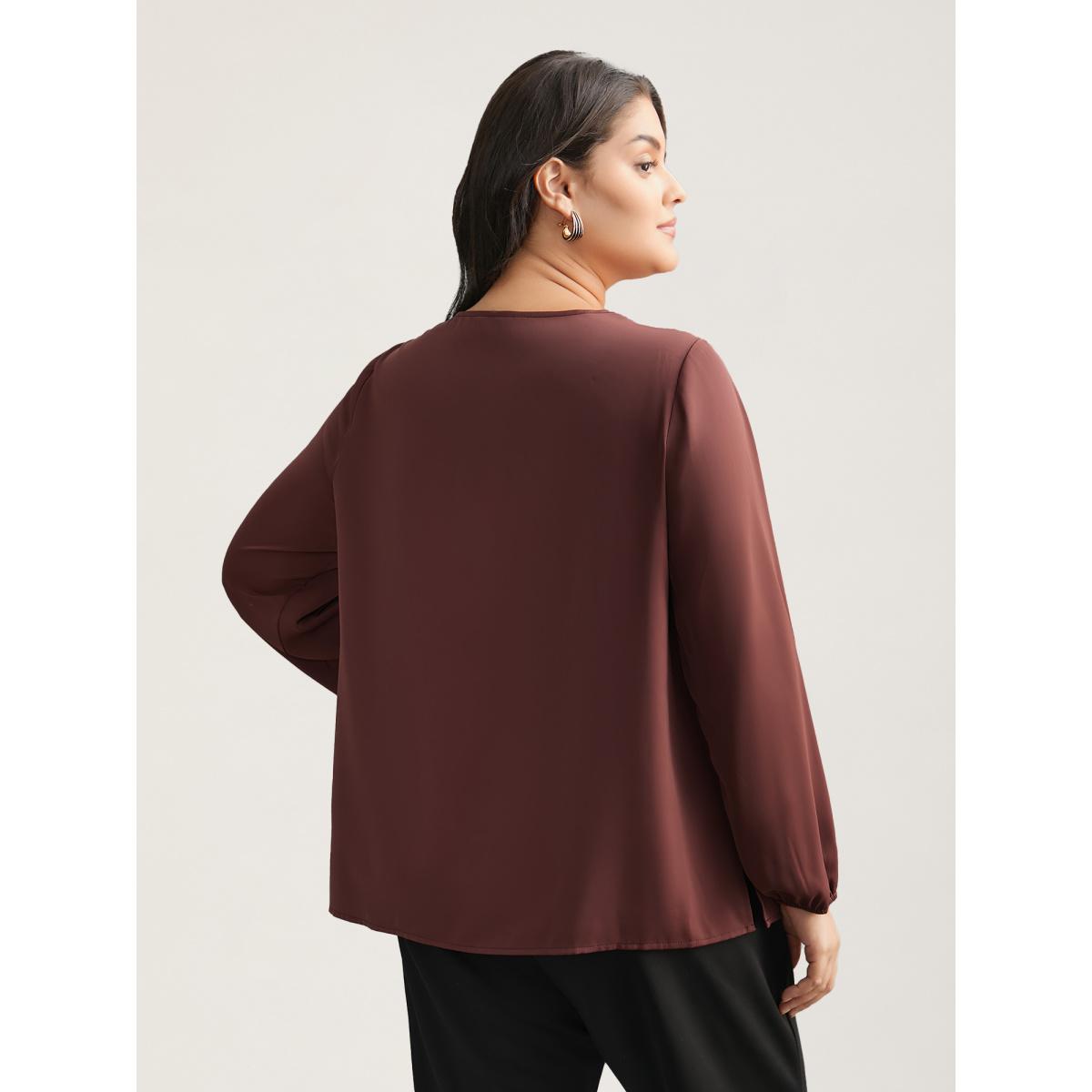 Plus Size Browncoffeecolor Solid Crew Neck Lantern Sleeve Blouse Women At the Office Long Sleeve Round Neck Office Blouses BloomChic 26/4X Product Image