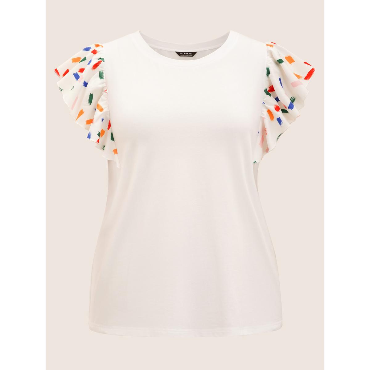 Plus Size Colored Brush Print Ruffle Cap Sleeve T-shirt Originalwhite Women Casual Contrast Round Neck Everyday T-shirts BloomChic 30/6X Product Image