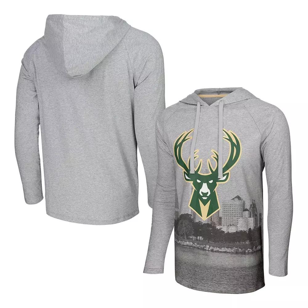 Men's Stadium Essentials Heather Gray Milwaukee Bucks Atrium Raglan Long Sleeve Hoodie T-Shirt, Size: Medium, Grey Product Image