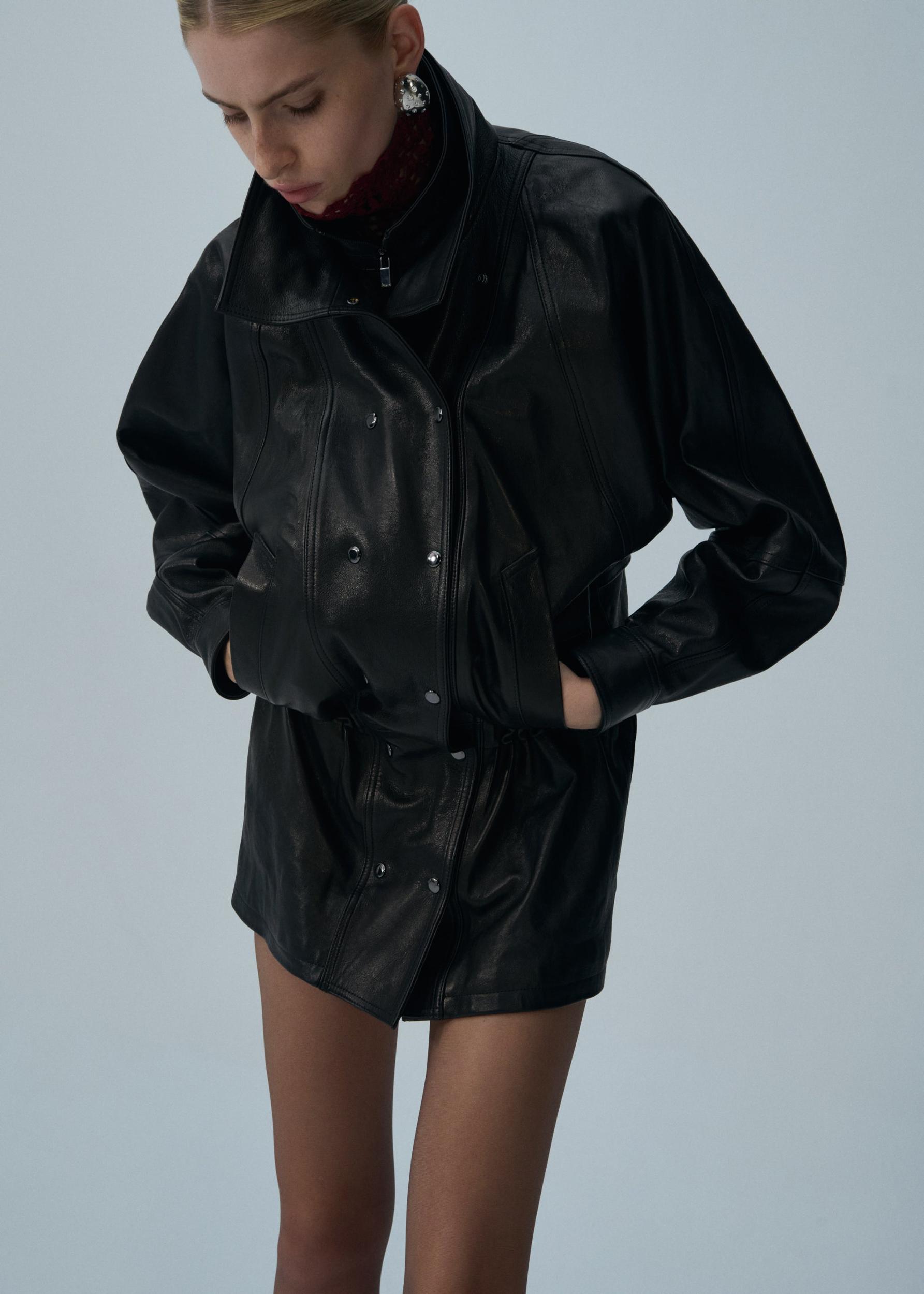 Cinched leather jacket in black Product Image