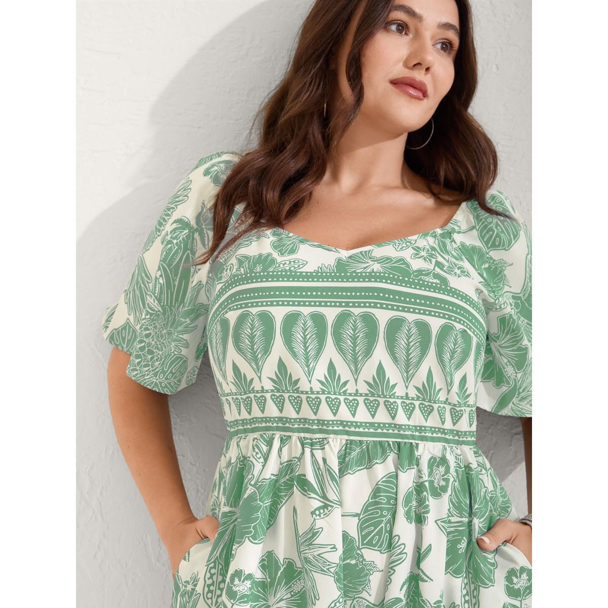 Plus Size Boho Print Fit Flare Pockets Midi Dress Mint Women Resort Non Heart neckline Short sleeve Curvy BloomChic 28/5X Product Image