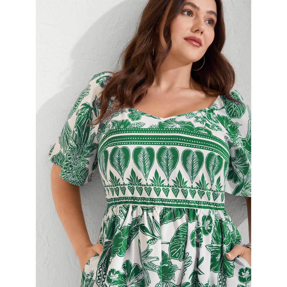 Plus Size Boho Print Fit Flare Pockets Midi Dress DarkBlue Women Resort Non Heart neckline Short sleeve Curvy BloomChic 30/6X Product Image