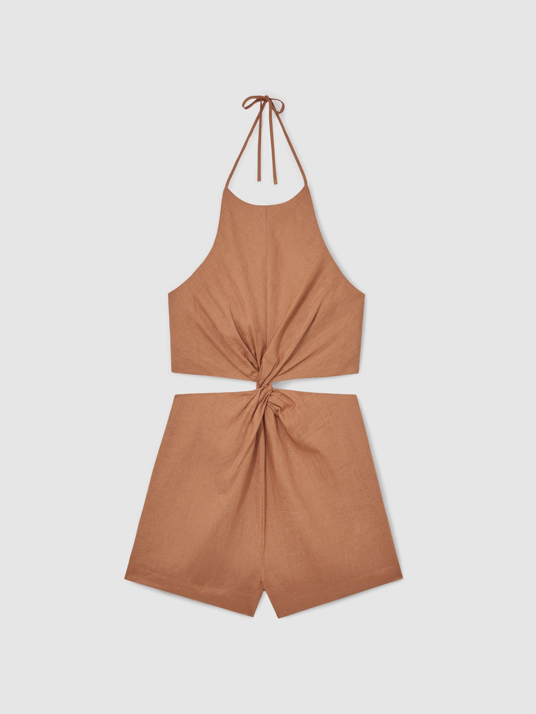 Linen Halterneck Cut Out Playsuit in Brown Product Image