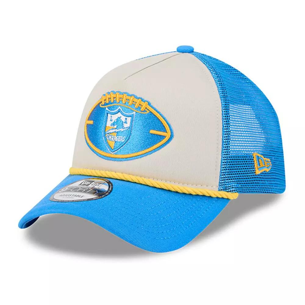 Men's New Era Stone/Powder Blue Los Angeles Chargers 2024 Sideline Historic 9FORTY A-Frame Trucker Adjustable Hat, Team Product Image