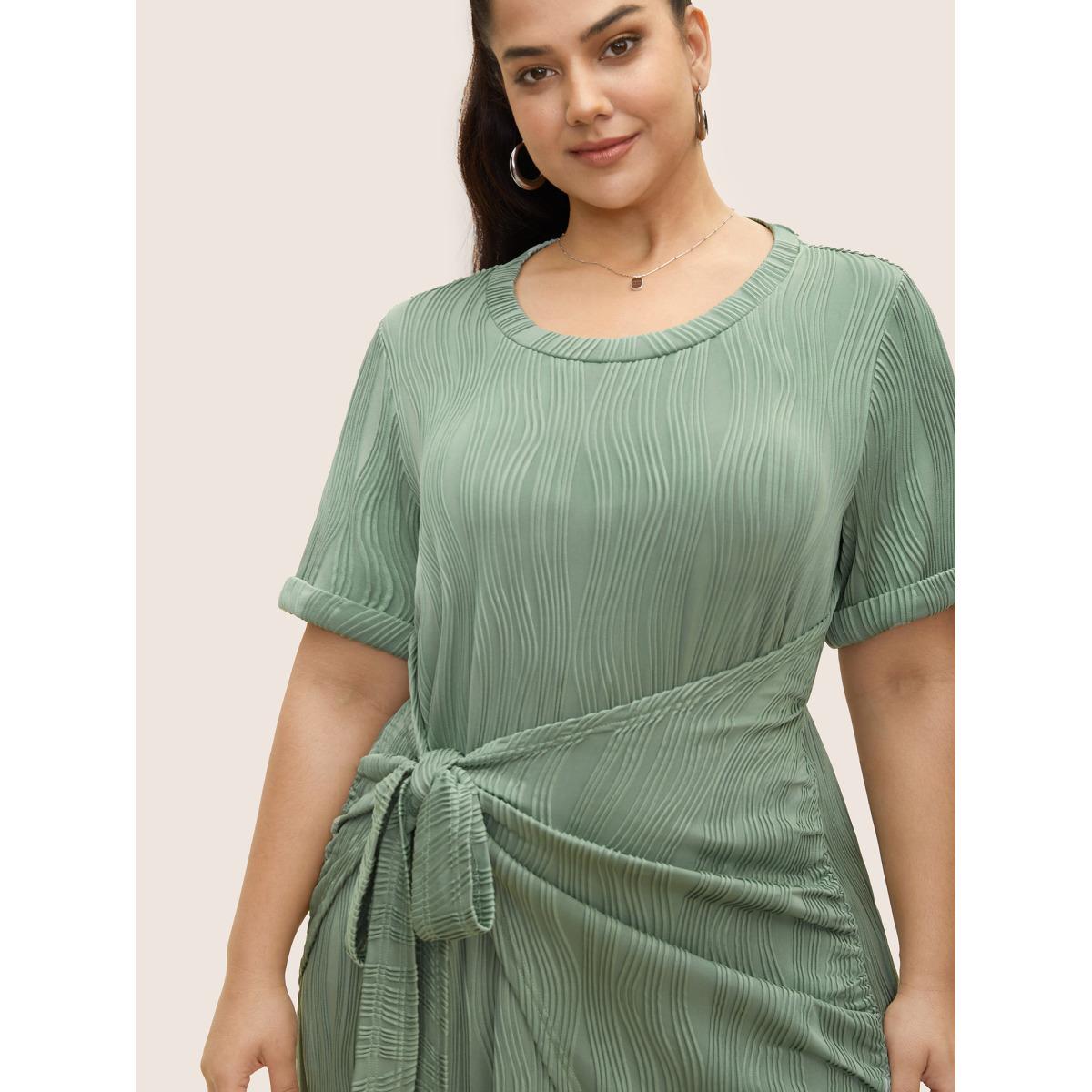Plus Size Round Neck Pit Strip Tie Knot Dress Palemauve Women Casual Tie knot Round Neck Short sleeve Curvy BloomChic 12/L Product Image