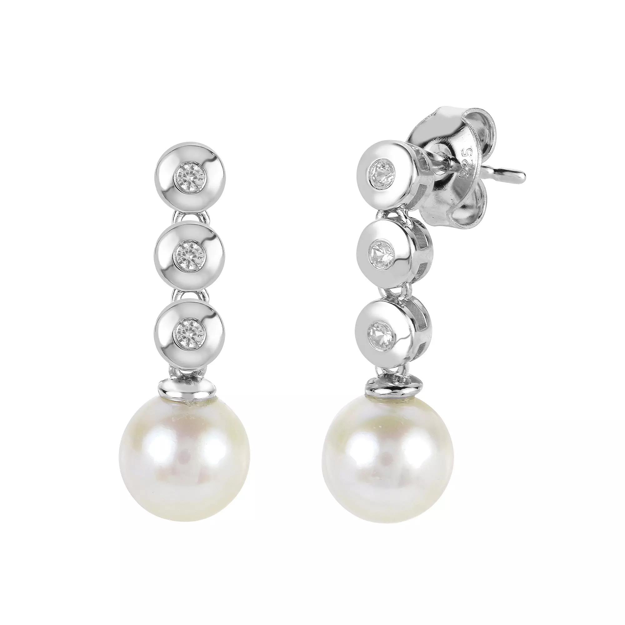 PearLustre by Imperial Sterling Silver Freshwater Cultured Pearl & Lab-Created White Sapphire Drop Earrings, Womens Product Image