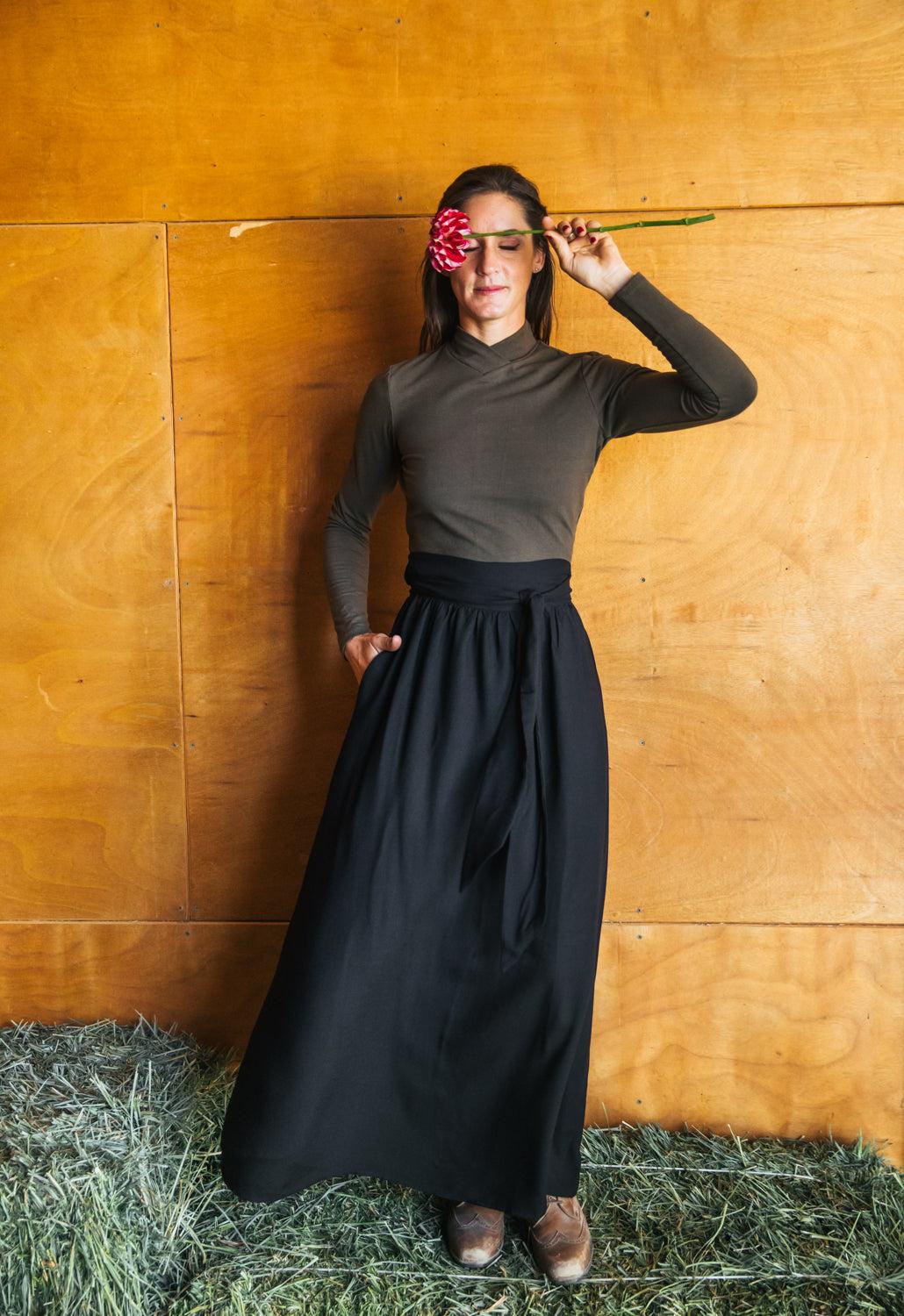 Maxi Wrap Skirt in Black Challis Product Image