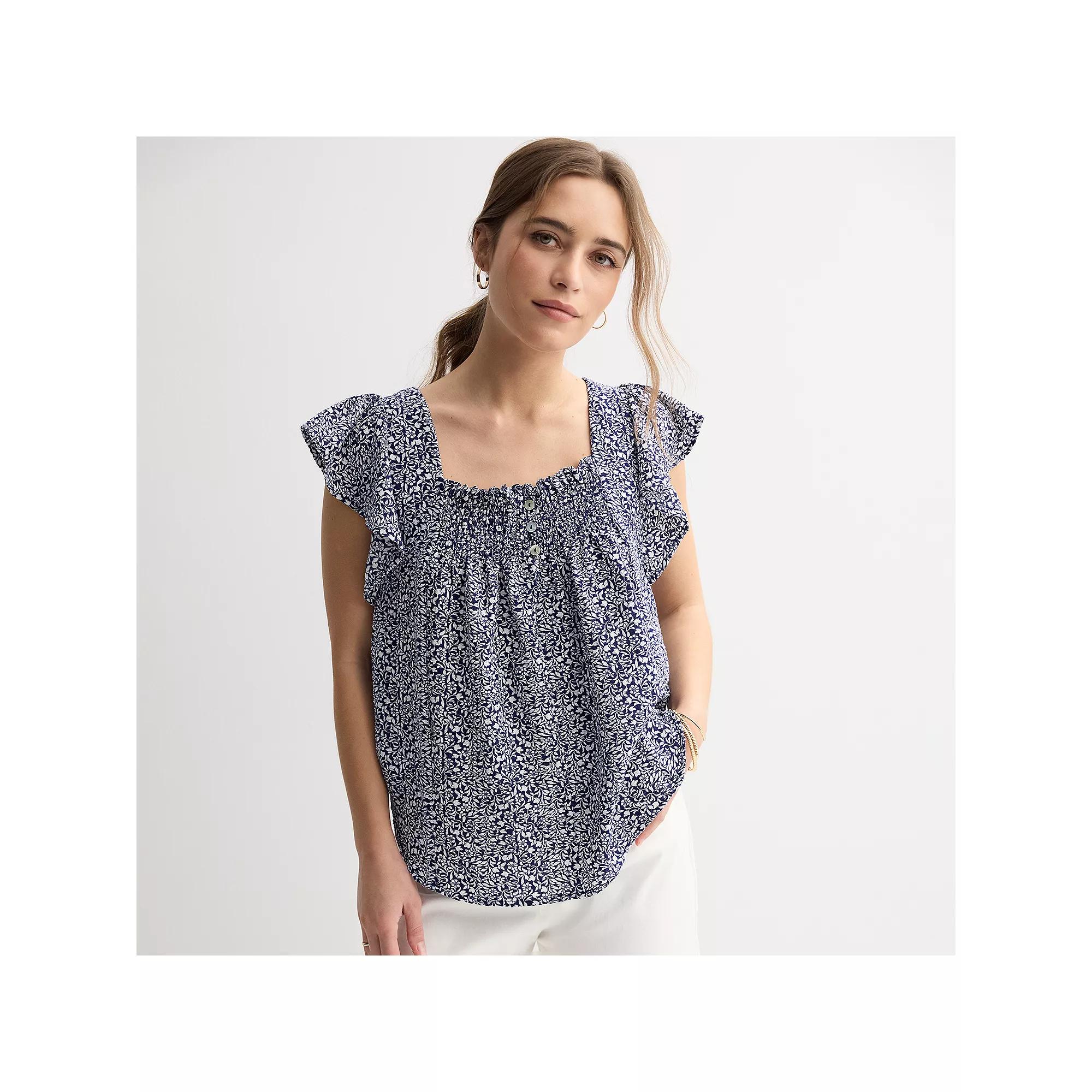 Women's Draper James Flutter Sleeve Smocked Top, Size: XL, Blue Ditzy Product Image