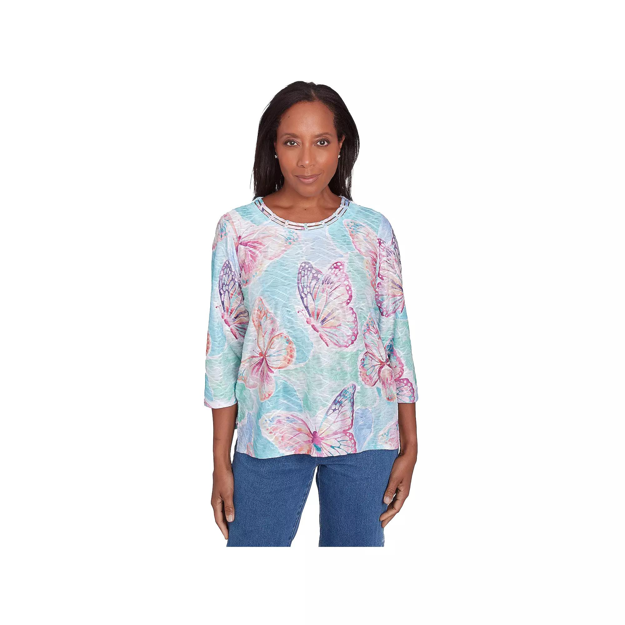 Women's Alfred Dunner Butterfly Three Quarter Sleeve Top, Size: Medium, Pink Team Product Image